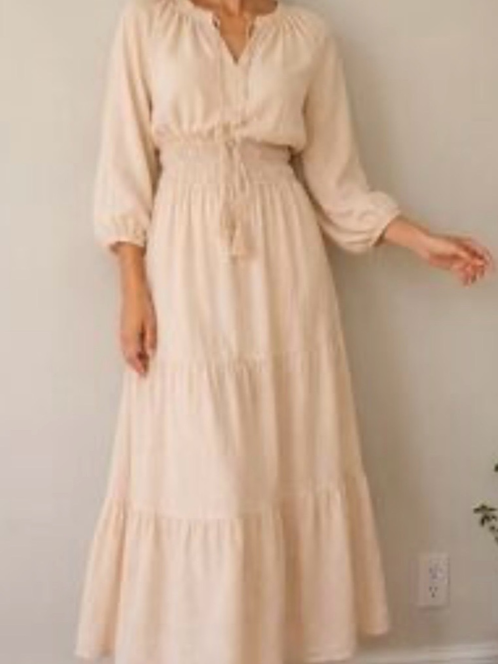 Lucky Brand Cream Tiered Midi Dress with Smocked Waist